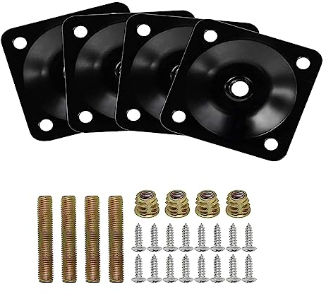 Bohaner 4PCS Level Legs Fixing Mounting Plate Level + M8*50 Metal Dowel Screws+ M3.5 * 20 Screws Bracket Furniture Table Feet Set Black