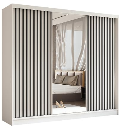Margaret Hadas24 Kleiderschrank Erika mit Lamellen und Spiegel, Organizer, Mehrzweckschrank, Schwebetürenschrank, Garderobenschrank, Kleiderstange, Kleiderständer, Flurschrank, 240 cm, weiß, schwarz