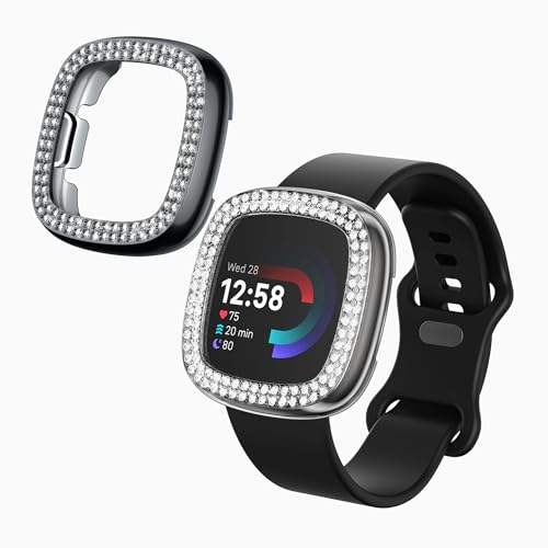 kwmobile 2X Kunststoff Hülle kompatibel mit Fitbit Versa 4 / Sense 2 Schutzhülle Schutzrahmen - Glitzer Schutz Zubehör in Transparent Schwarz