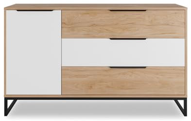 Lomadox Kommode, 1 Tür, 2 Schubkästen, Metallgestell, Eiche, weiß