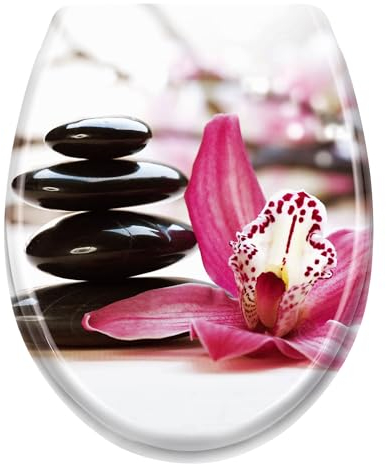 YUENFONG WC Deckel WC Sitz mit Absenkautomatik, Toilettensitz Toilettendeckel aus Duroplast, Fast Fix/Schnellbefestigung, inkl. Montagematerial(Rote Blume Steine)