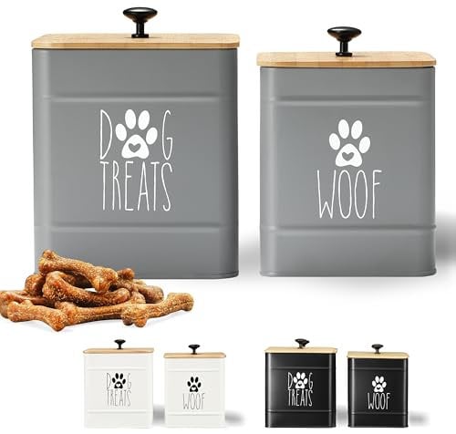 PERFNIQUE Dog Treat Container, Dog Treat Jar Set of 2 with Airtight Lid, Dog Cookie Jar for kitchen Counter, Pet Treat Container, Dog Treat Canister and Storage, 7.8x6.2 & 7.3x5.5(Grey)