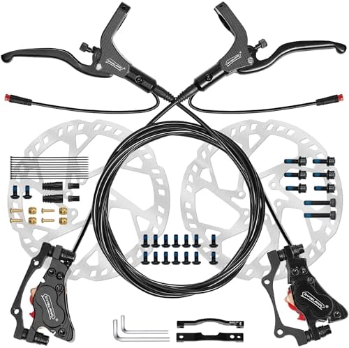 DYISLAND E-Bike Hydraulisches Scheibenbremsen Set 4-Kolben/2-Kolben, 2-pin/3-pin Vorinstallierter Mineralöl-Bremsensatz, Mit 2 Stück 180mm Rotoren (Schwarz-Vorne1100mm/Hinten1900mm 4-Kolben)