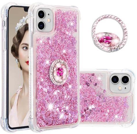 IMEIKONST Coque pour iPhone 11 Étui avec Support, Paillette Strass Liquide Bling Glitter Cristal Transparente Antichoc TPU Silicone Bumper Housse pour iPhone 11. Love Rose YBZ