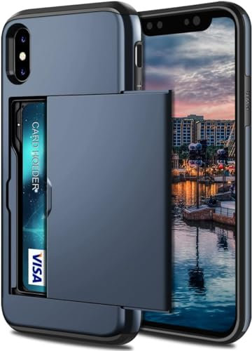 XYZNTMF for iPhone XR Case iPhone XR Shockproof Case with Card Holder Soft Silicone Bumper Matte Hard PC Shell Heavy Duty Protective Skin Cover Armor Rubber iPhone XR Phone Case, Dark Blue