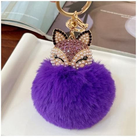 Rockreyoa Schlüsselanhänger mit Strass Fuchs und Flauschiger Ball Kristall Schlüsselbund Niedlichen Tier Pom Pom Schlüsselanhäner für Frauen Brieftasche Taschenzubehör Car Anhänger Lila