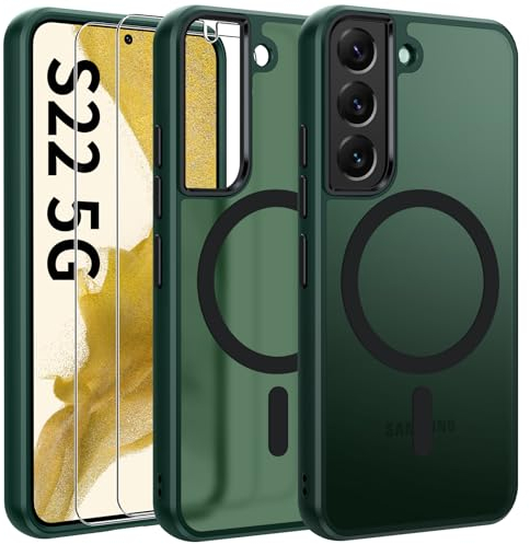 Opkiegrn Magnetisch HandyHülle Kompatibel mit Samsung Galaxy S22 Kompatibel mit MagSafe mit 2 Schutzfolie, Vollständiger Kameraschutz, Stoßfest Dünn Durchscheinende Matt SchutzHülle (Grün)