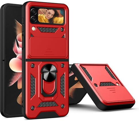 Samsung Z Flip 4 Case with Slide Camera Protector Built-in Ring Kickstand Armour Military Shockproof Protective Cover compatible with Car Mount Samsung Galaxy Z Flip 4 Case, Red