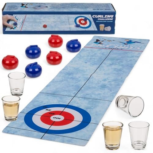 MIJOMA Trinkspiel, Tischfußball & Tischcurling, Inklusive Spielmatte 120x30 cm, 6 Kugelgleiter, 2 Shooter-Gläser - Bring Schwung in Jede Party! (Tischcurling)