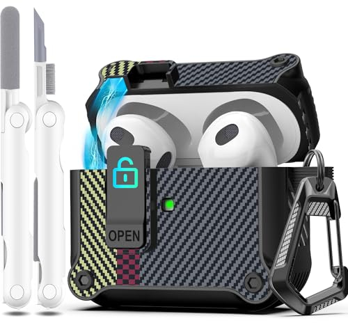 R-fun per AirPods 3a generazione 2021 Custodia, protezione completa contro la caduta, copertura automatica per Apple Airpod 3 con kit di pulizia e portachiavi,Carbon Fiber Grigio