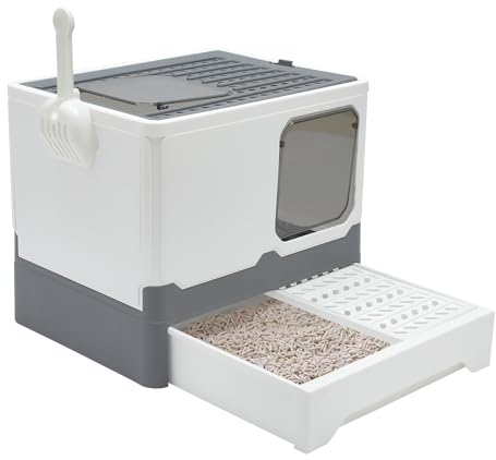 The Fellie Cat Litter Box Litter Tray, Kitty Litter Tray with Lid, Large Space Cat Litter Box with Drawer Pan & Scoop, Anti-Splashing Hooded Cat Litter Tray, Easy Clean Odor Control Litter Box, Grey