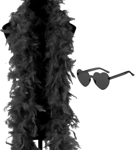 Black Feather Boa, 6.6ft/2m Feather Boas With Heart Rimless Sunglasses, Natural Turkey Feathers Boa, Suitable For Female Halloween, Christmas, Cosplay Feather Scarf