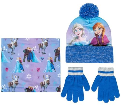 Frozen Wintermütze, Handschuhe und Schal Set für Kinder, Anna und ELSA Motiv, Einheitsgröße (DE/NL/SE/PL, Numerisch, 52, 54, Dunkelblau)