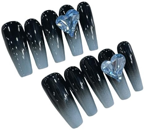 Press on Nails Handmade Long Coffin French Tip Fake Nails with Rhinestone Design Dark Blue Glue on Nails Reusable False Nails Full Cover Stick on Nails for Wedding 10 Pcs Size M