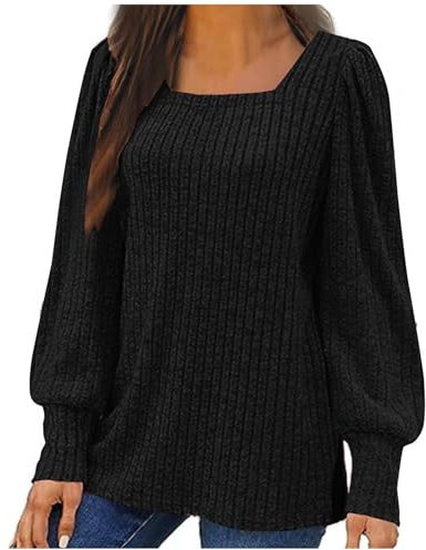 Long Sleeve Jumpers for Women Square Neck Tops Lantern Sleeve Lightweight Sweaters for Leggings Ribbed Knit Sweatshirt Pullover Tunic Tops Ladies Oversize Blouses Solid Knitwear