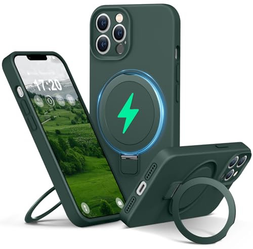 PuyaTeya Liquid Silicone Case for iPhone 12 pro max with Magnetic Ring Stand, Upgraded camera lens protection, Mil-Grade Drop Shockproof, Anti-Scratch Microfiber Lining Silicone Case(Green)