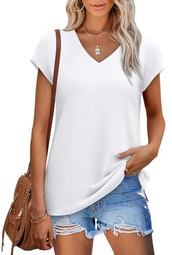 Sampeel Summer Tops for Women Vests- Ladies Tops V Neck Tee Loose Cap Sleeve Tank White Size 14-16