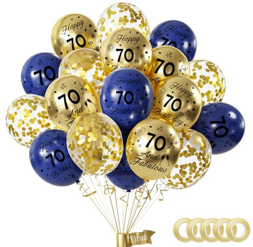 Yiran Luftballons 70 Geburtstag Deko, 15 Stück 70.Geburtstag Junge Mädchen Blau Gold Deko, Happy Birthday Ballons Blau Gold Deko, Deko 70.Geburtstag Konfetti Luftballons, Birthday Party Deko