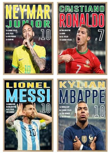 NebulaNova 4PC Fußball Star Posters Set,Ronaldo und Messi, Mbape und Neymar Poster,Canvas Wall Art,Geschenk für Fan-Fussball, Heimbüro,Kein Rahmen 8x12inch(20x30cm)