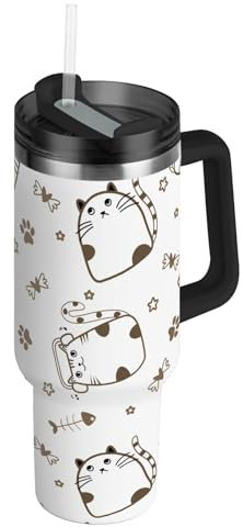 LI ZHI XIN Botella de agua de acero inoxidable de 40 onzas, taza de viaje para oficina, taza de coche, vaso de agua aislado con asa y popote, taza térmica reutilizable para bebidas, huella de gato