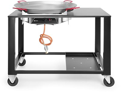 HENDI Fiesta XL, mit Paellapfanne aus Flachstahl ø800mm, integrierte Arbeitsfläche, 4 Lenkrollen, Elektronisches Zündgerät, für Gasflaschengas (Propan), Gasgrill, 7kW, 1180x810x(H)1000mm, Edelstahl
