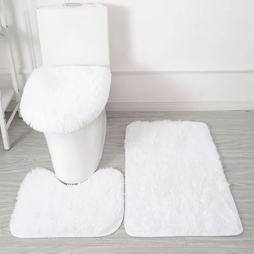 Générique Tapis de Bain 3 Pièces en Microfibre Ultra Douce – Antidérapant, Absorbant, Lavable en Machine, Tapis Contour WC et Housse de Couvercle de Toilette (Blanc)