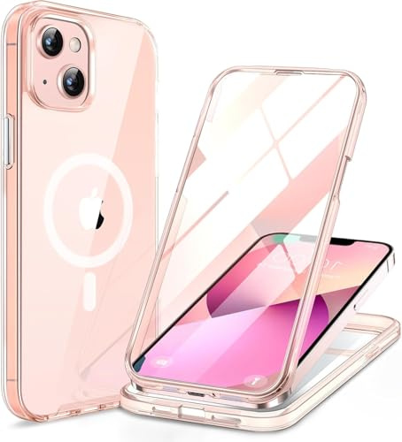 Miracase Magnetic for iPhone 13 Case 6.1, Full Body Protection, Clear Pink | [Built-in 9H Tempered Glass Screen Protector] Compatible with MagSafe, Military Grade Drop Proof with Clear Back Cover