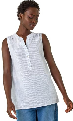 Roman Originals Sleeveless Shirt for Women UK Ladies Vest Tank Top Summer Smart Blouse Stretchy Jersey T-Shirt Casual Spring Holiday Party Beach Vacation Notch Neck - Stripe Light Blue - Size 14