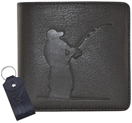 Genuine Leather Wallet & Keyring Gift Set – RFID Blocking – Football, Golf, Rugby, or Fishing Design – Gift Boxed– Perfect for Sports Lovers (Fishing)