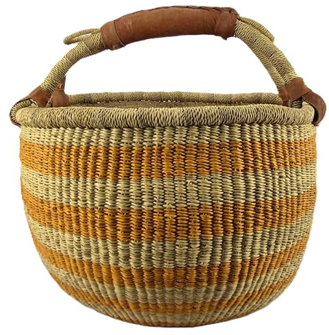 Großer Bolga Rundkorb ca Ø 40 x 40 cm – Original aus Ghana – Handgefertigt – Fair Trade – Einkaufskorb mit Ledergriff - Orange und Naturfarbene Streifen