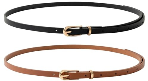 LAIVIYA 2 Stück Schmaler Taillengürtel für Damen Ledergürtel Verstellbarer Dünner Skinny Klassisch Damen Gürtel Damengürtel Schmal mit Goldener Kreisschnalle für Jeans Hosen Kleider Schwarz Braun