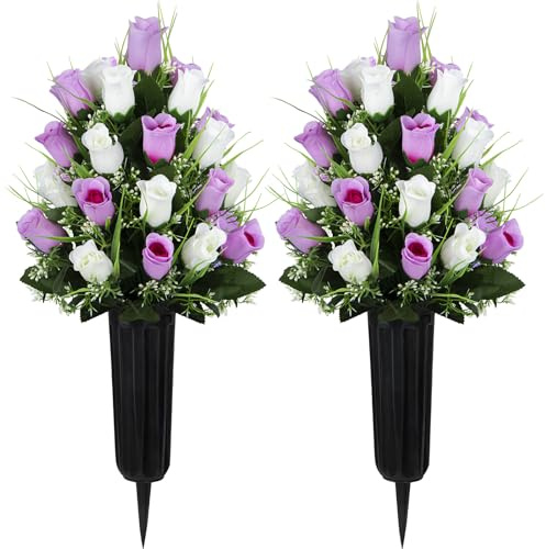 Velibobo 2 Sets Artificial Cemetery Flowers, Grave Decorations Roses, Memorial Flowers Bouquet with Vase for Cemetery Graveyard Headstone Decorations (Purple Pink-White)