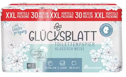 GLÜCKSBLATT Toilettenpapier 3-lagig – 30 Rollen – 150 Blatt pro Rolle – besonders weich & sanft – aus 100% Frischzellstoff – Made in Germany & HLKauf-Block