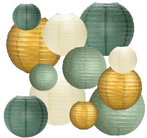 12 runde Papierlampions, Salbeigrün/Creme/Gold, 3 Größen | Je 4 Stück in 15, 20 und 25 cm; faltbar mit Metallrahmen; für Hochzeit, Ramadan, Geburtstag und Gartenparty