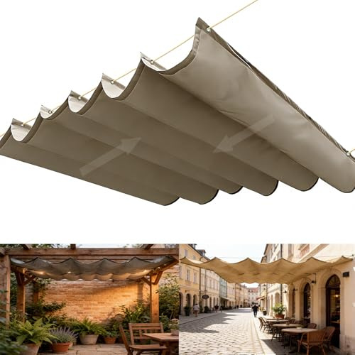 Tenda Parasole Retrattile, Esterno Impermeabile Tenda da Sole Scorrevole, Crema Solare Vela Parasole A Onda con Occhielli e Corda per Terrazze Cortili Verande e Gazebo-Khaki||250x300cm