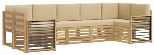 vidaXL Ecksofa Set 7 pcs Weiß und Beige 304 x 128,5 x 73 cm Polyester, Akazienholz Sofa für draußen, stylisches Gartenmöbel, modulares Set für Terrasse und Poolbereich