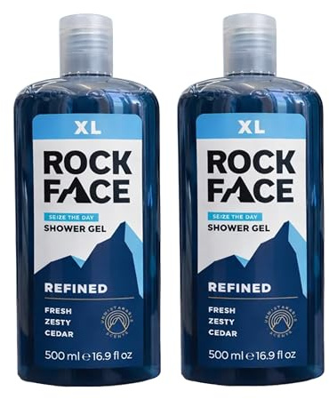 Rock Face Shower Gel - Refined All In One Body Wash for Men, 500ml, Sandalwood & Cedar Scent, Suitable for Hair and Body, Long Lasting Fragrance, Pack of 2