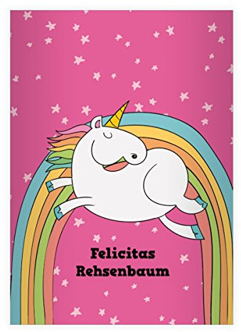 Kartenkaufrausch 4 personalisierte, Super süße Einhorn DIN A4 Schulhefte, Schreibhefte mit Regenbogen und Sternen in rosa Lineatur 25 (liniertes Heft)