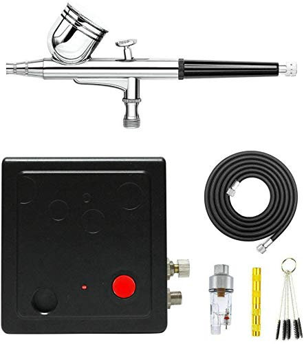 ABEST Portable Dual Action Mini Air Compressor Airbrush Kit for Make up Art Painting Tattoo Spray Model with Airbrush Cleaning Set Air Filter