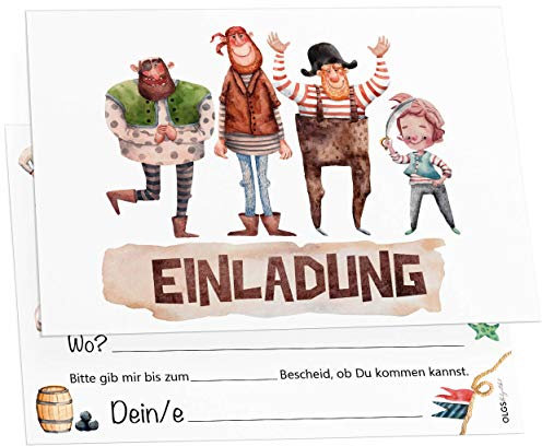 Olgs Piraten-Einladungskarten, 12er Set für Kindergeburtstag, Mädchen & Jungen, Mottoparty Seeräuber