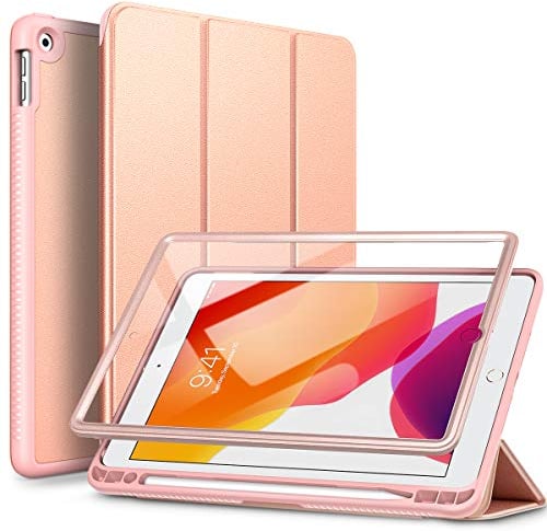 SURITCH Hülle für iPad 10,2 Hülle (iPad 9./8./7. Generation) Schutzhülle mit Eingebaut Displayschutz und Pencil Halter Case mit Ständer Funktion und Auto Schlafen/Wachen für iPad 10.2 Zoll-Rosé Gold