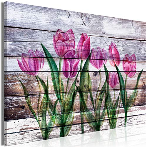 decomonkey Bilder Blumen 60x40 cm 1 Teilig Leinwandbilder Bild auf Leinwand Vlies Wandbild Kunstdruck Wanddeko Wand Wohnzimmer Wanddekoration Deko Tulpen Natur Holz
