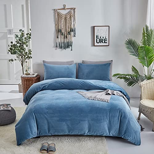 Houseri Blauer Bettbezug Queen Lake Blue Flauschige Bettwäsche Bettbezug Full Haze Blau Flauschig Flanell Pelz Bettbezug Micromink Sherpa Hellblau Plüsch Warm Bettwäsche Set Queen