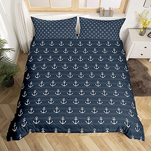 Loussiesd Anker Bettbezug Set Nautisch Bettwäsche Set 155x220cm für Kinder Jungen Mädchen Jugendliche Dekor Ozean Reise Betten Set Marine Thema Blau Weiß Schlafzimmer Dekor 2St Reißverschluss