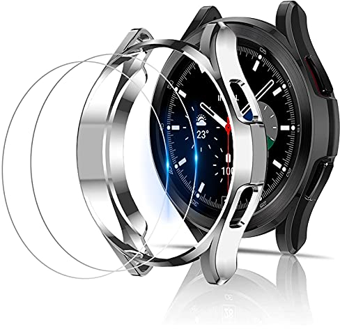 Miimall [2+2 Stück Kompatibel mit Samsung Galaxy Watch 4 Classic 46mm 42mm Hülle mit Glas Schutzfolie, Weiche TPU Schutzhülle Stoßfest Schutz Case für Galaxy Watch 4 Classic - Schwarz+Silber