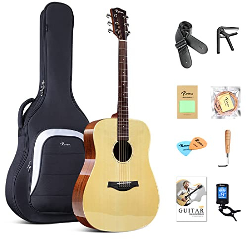 Rosen G31 Dreadnought Akustikgitarre Massive Fichtendecke 41 Zoll Guitarra Full Size mit Gloss Finish Bundle Starter Kit mit Gig Bag, Stimmgerät, Saiten, Gurt und Plektren
