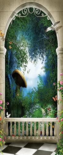 A.Monamour Türtapete Selbstklebend Türfolie Türposter 3D Retro Balkon Terrassen Bogen Um Magischen Garten Mit Baumpilzen Vinyl Folie Türdeko Tapete Wandbild Türaufkleber Türtattoo 85 x 200 cm