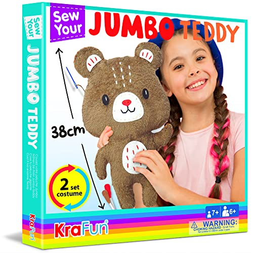 KRAFUN Big Jumbo Teddybär Tier-Nähset für Kinder Anfänger My First Art & Craft, Machen Sie 1 Stoffpuppe mit 2 Kostümen, Anleitung und Plüschfilzmaterialien zum Nähen lernen, Sticken, Alter 7-12