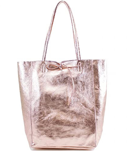 AN Direct Ladies Handbags Soft Italian Real Leather Shopper Tote Bags Women Girls College Shoulder Handbags for Women (Metallic Rose Gold), L