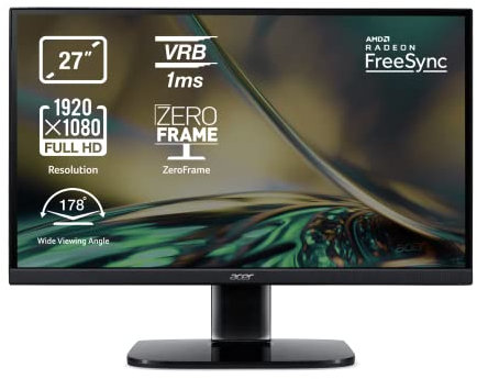 Acer KA272Abi - Monitor da 27 Full HD 75 Hz (1920 x 1080, display LED, ZeroFrame e FreeSync, Tempo di risposta 1 ms (VRB), VGA, HDMI), colore: Nero